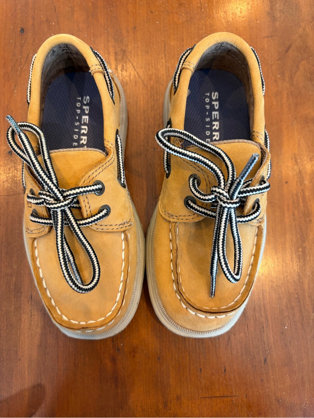 Sperry Kids Tan Moccasin Boat Shoes with Black-White Laces